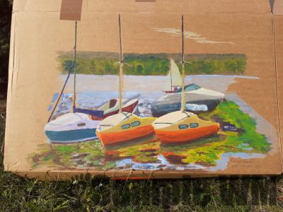 Die kleine Prinzen
2019
acrylic on cardboard
40 x 50 cm. 
private collection, Berlin
Keywords: boats;wannsee;sailing;segelboot