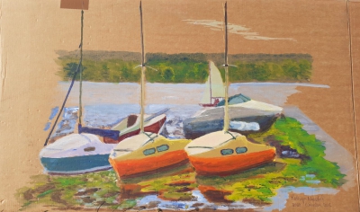 Die kleine Prinzen
2019
acrylic on cardboard
40 x 50 cm. 
private collection, Berlin
Keywords: boats;wannsee;sailing;segelboot