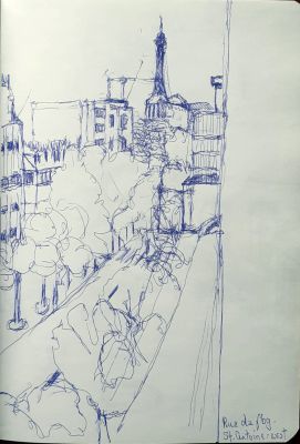 sketch for Rue du Faubourg St. Antoine
2023
ballpoint pen
21 x 15 cm.
Keywords: Rue du Faubourg St. Antoine;Paris