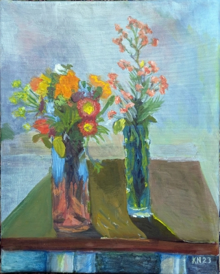 Still life with 2 vases
2023
acrylic on canvas
50 x 40 cm.
Keywords: still life;vase;flowers
