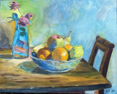 Still life with fruit
2023
acrylic on canvas
40 x 50 cm.
Keywords: fruit;still life;vase;flowers