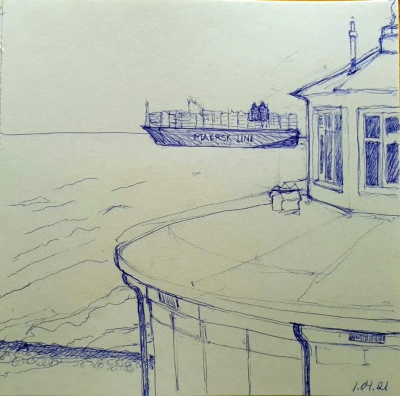 Maersk passing by
2021
ballpoint pen on paper
21 x 15 cm. 
Keywords: maersk;pudding;wangerooge