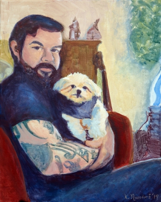 Toni and Louie
2019
acrylic on canvas
20 x 15 in. (50 x 40 cm.)
private collection, Massachusetts
Keywords: dog