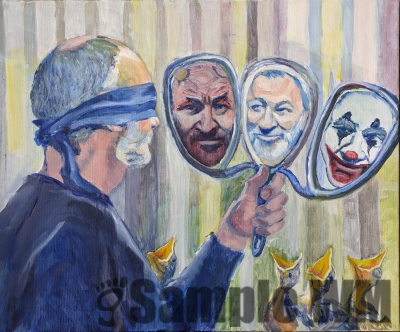 The three Faces of Christoph
2019
acrylic on canvas
50 x 60 cm.
private collection Berlin
Keywords: christoph parke;mirror;blind;chicks