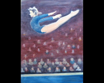 Olga in flight
2011
acrylic on canvas
70 x 55 cm. 
Keywords: Olga Korbut;gymnastics;floor exercise
