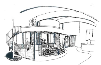 sketch of entrance 
showing bookshop and offices above
